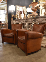 Pair of square 1930’s style French leather club chairs