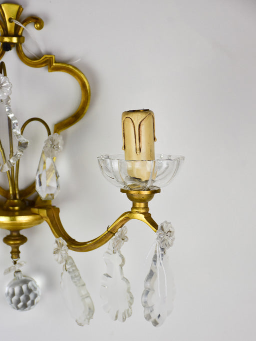 Pair of vintage wall sconces with two lights and crystal pendants 11"