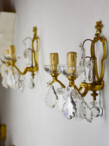 Pair of vintage wall sconces with two lights and crystal pendants 11"