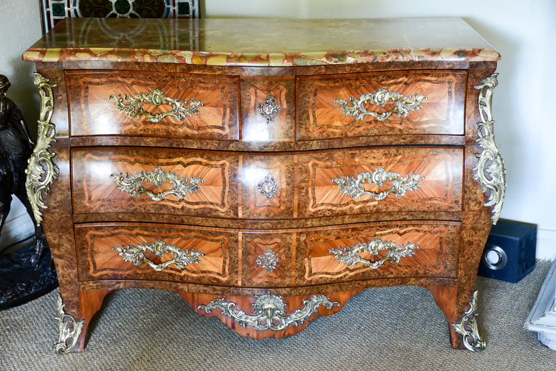 Antique Louis XV style commode with marquetry and marble top