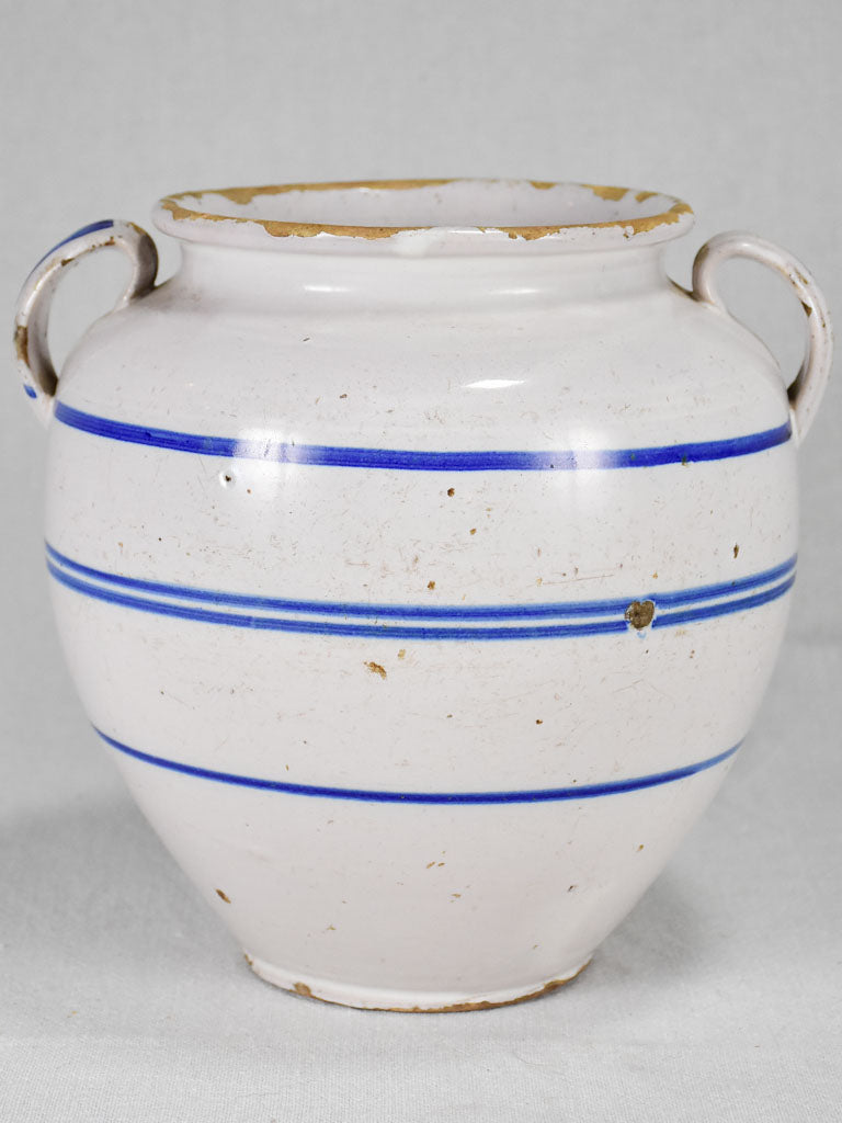 Antique French confit pot from Sète - white with blue stripes 9½"