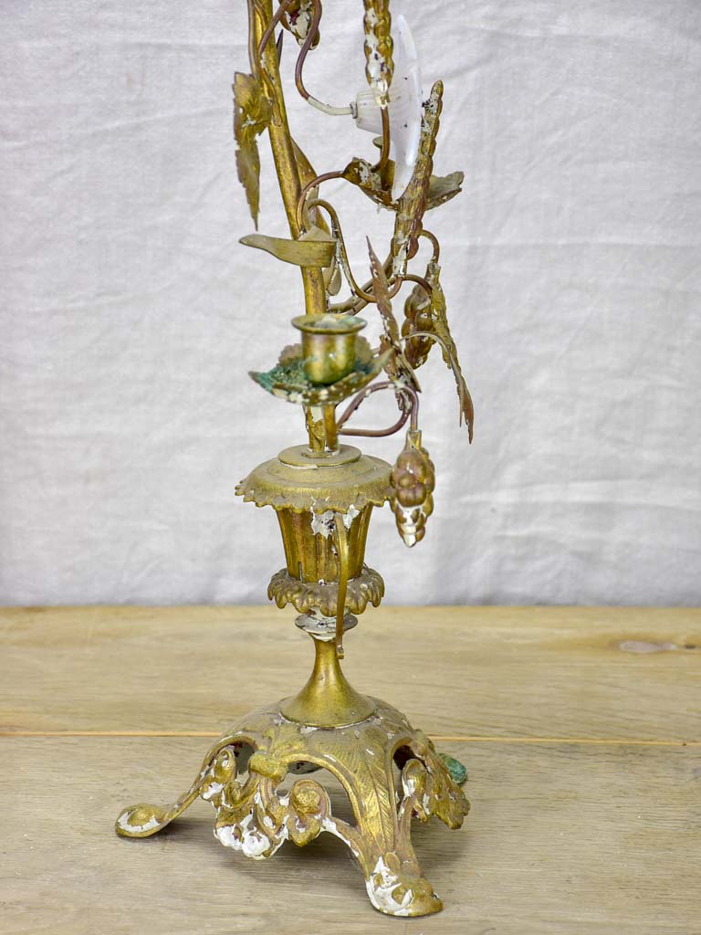19th Century French church candelabra with flowers, foliage and wheat - bronze, brass and opaline glass 29¼"