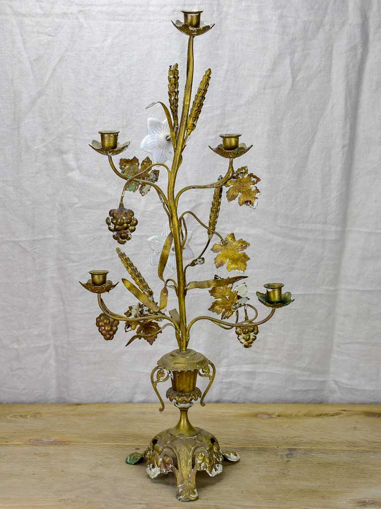 19th Century French church candelabra with flowers, foliage and wheat - bronze, brass and opaline glass 29¼"