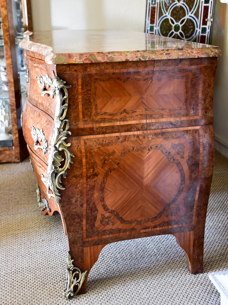 Antique Louis XV style commode with marquetry and marble top