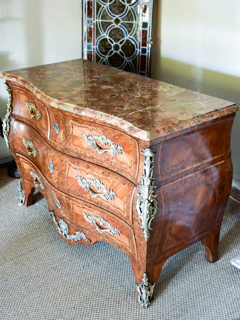 Antique Louis XV style commode with marquetry and marble top
