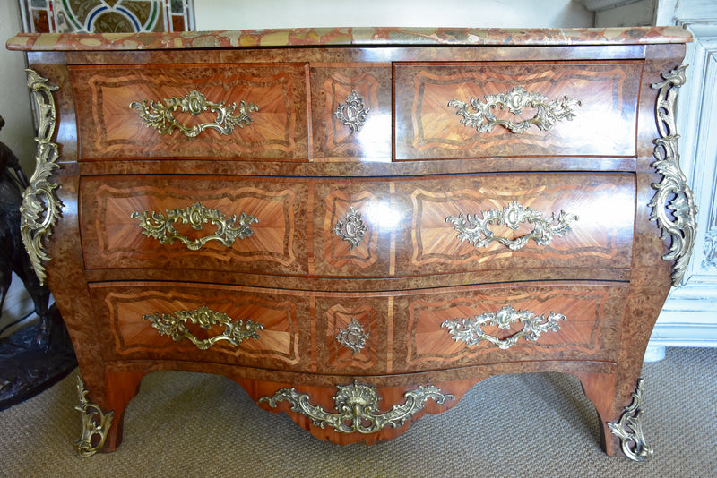 Antique Louis XV style commode with marquetry and marble top