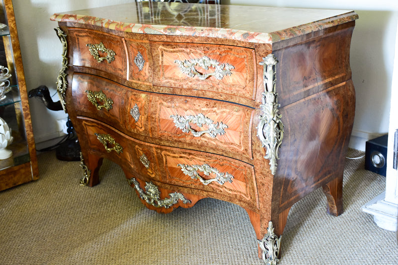 Antique Louis XV style commode with marquetry and marble top