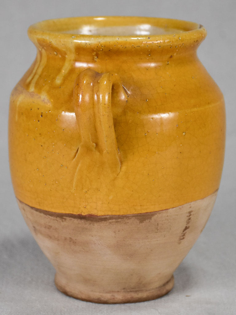 Small antique French confit pot with yellow glaze 7"
