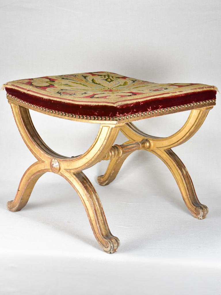 Napoleon III curule stool with cross-stitch upholstery