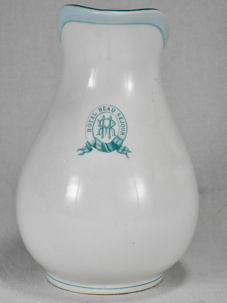 Very large earthenware pitcher labelled "Hotel Beau Sejour" Monaco