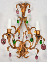 Three gold 1950s wall sconces with colorful glass fruits and pendants 13¾"