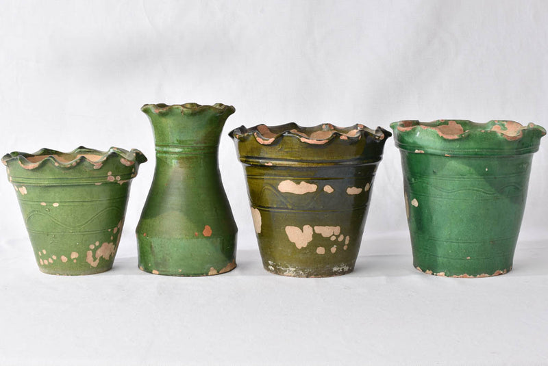 4 green Castelnaudary vases w/ rippled edge - 19th century 8"