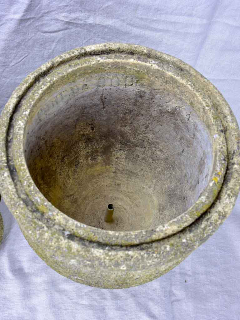 Pair of vintage Italian garden urns - signed, cement 18"