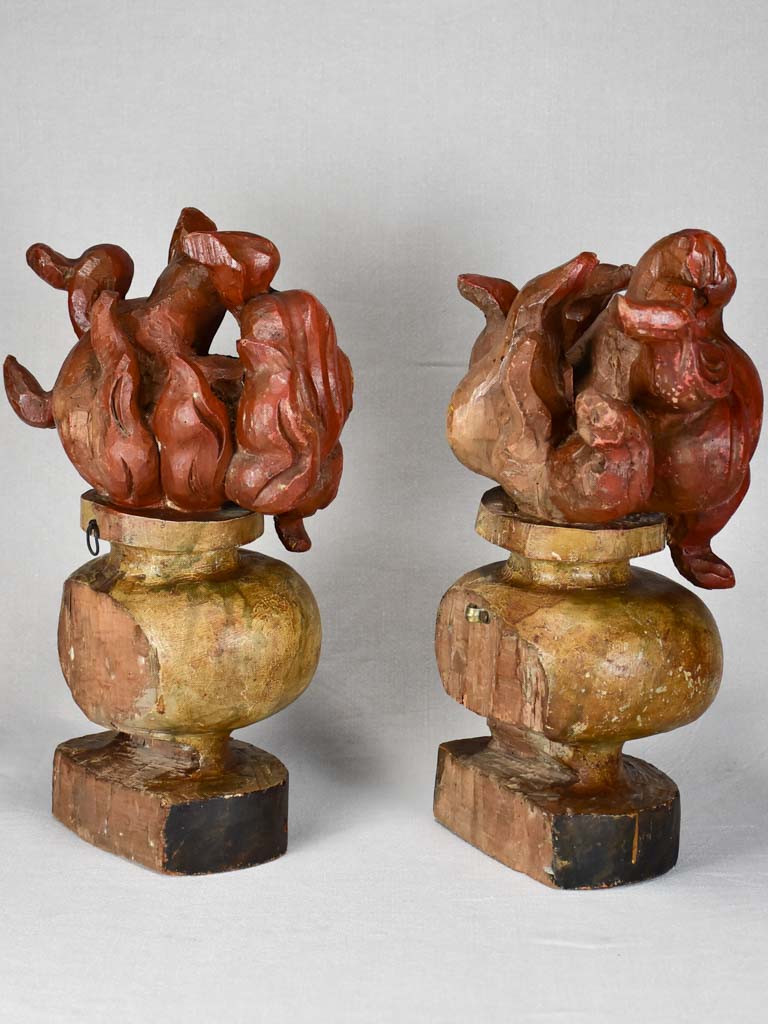Pair of Louis XIV carved wood decorative flame elements 18"