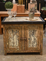 Antique rustic French kitchen island with zinc border & two cupboards