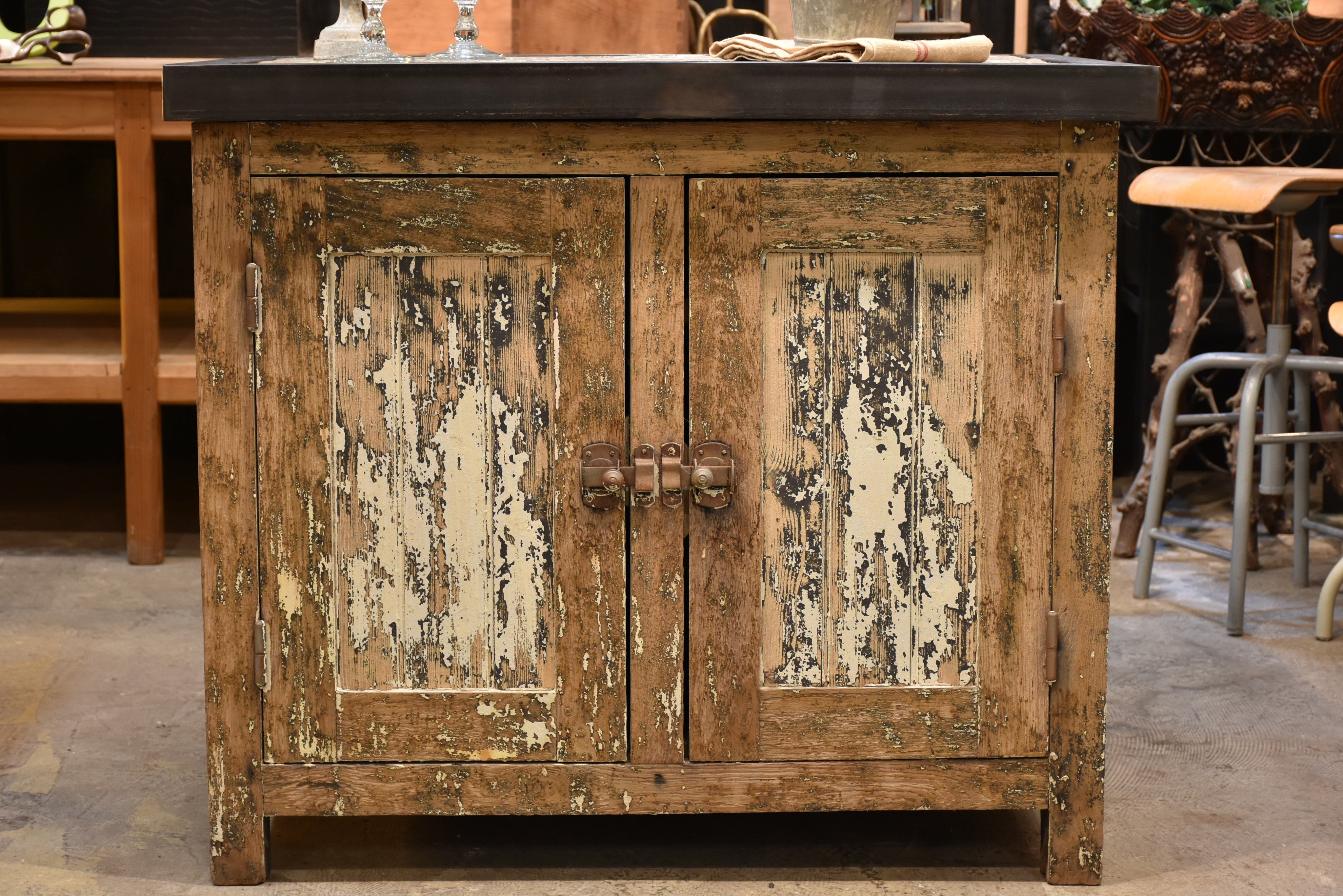 Kitchen island, zinc border & 2 cupboards, antique