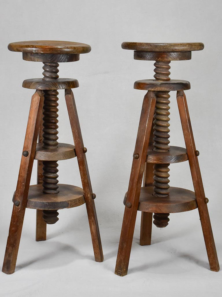 Pair of antique French architect's wooden stools - corkscrew