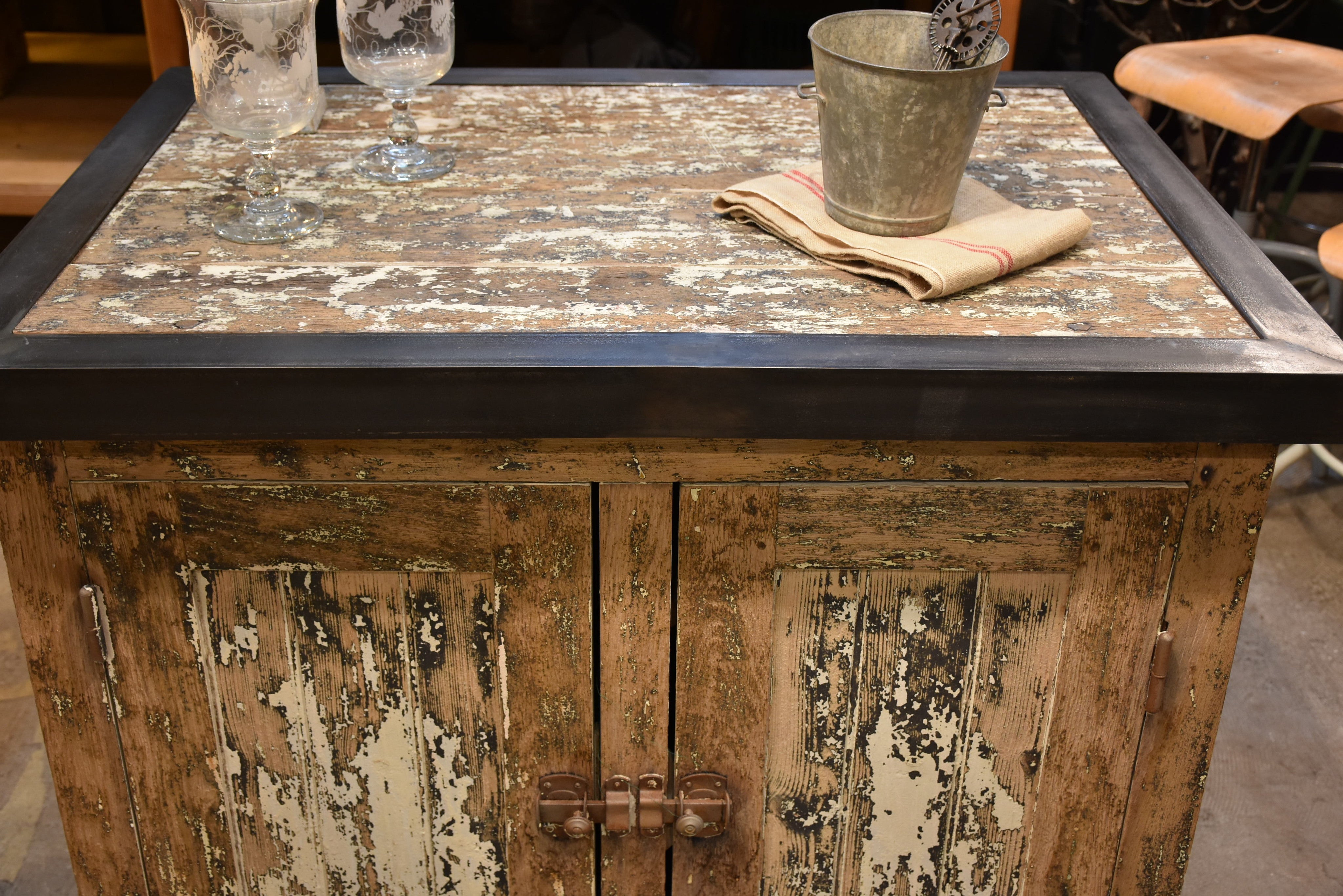 Kitchen island, zinc border & 2 cupboards, antique