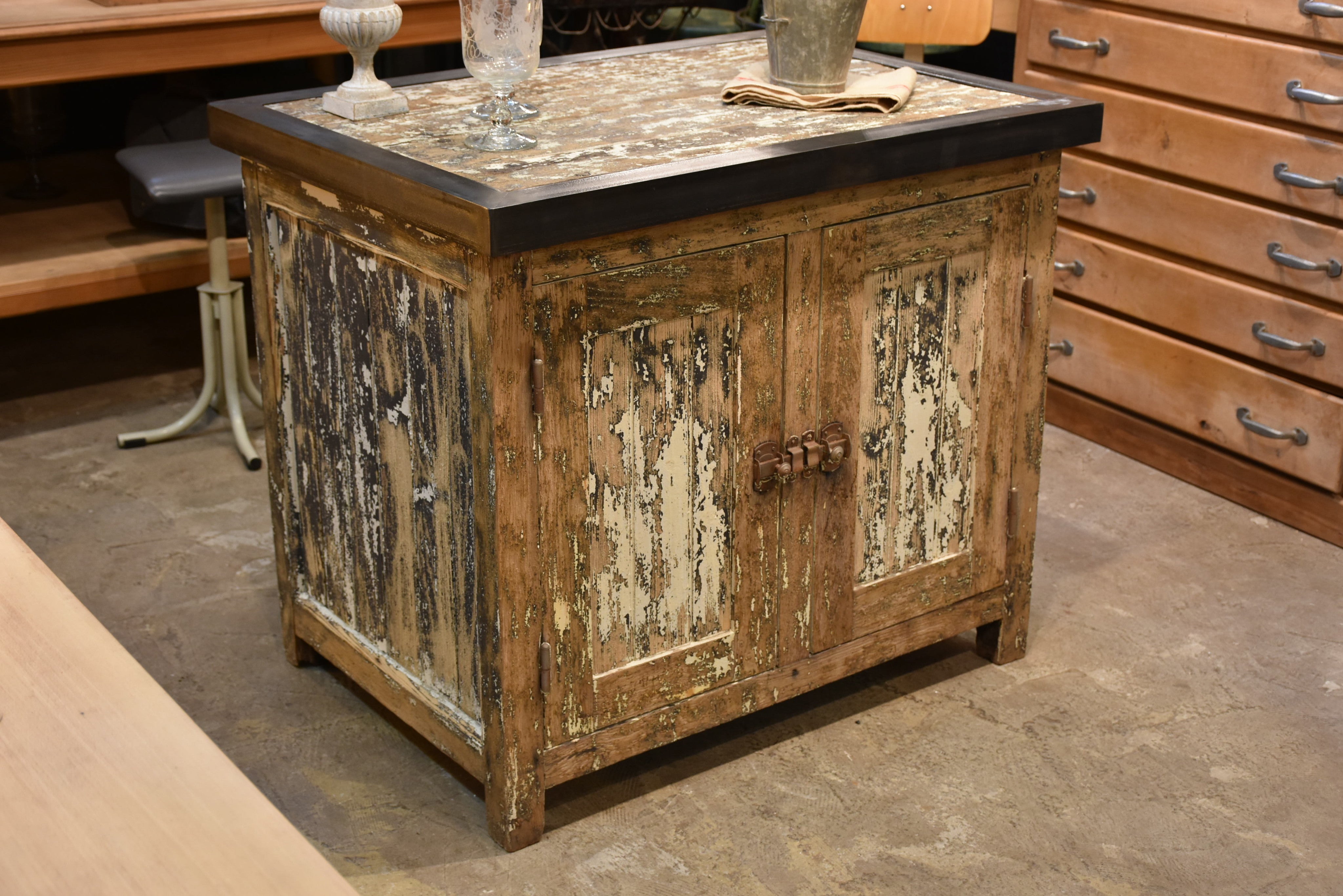 Kitchen island, zinc border & 2 cupboards, antique