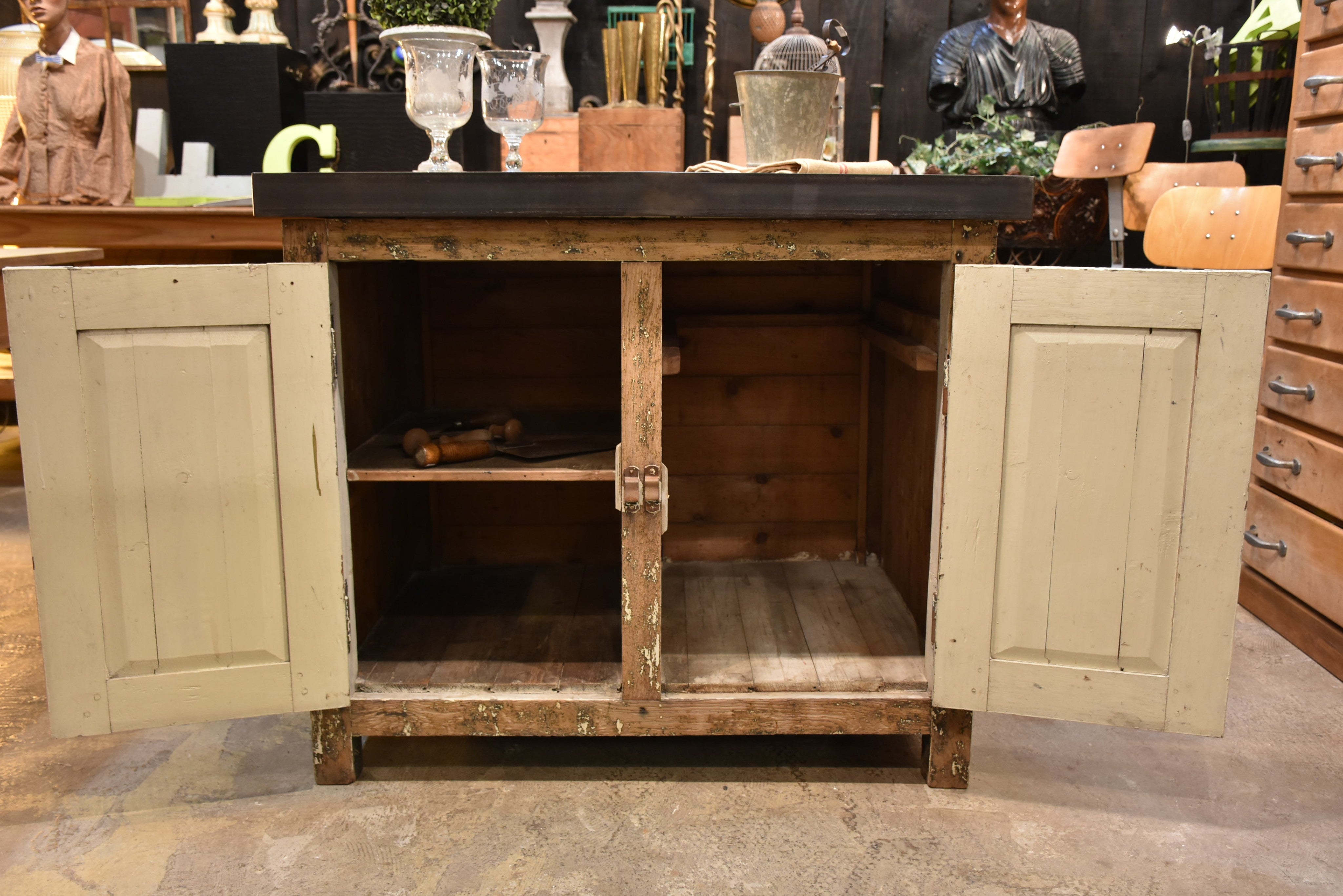 Kitchen island, zinc border & 2 cupboards, antique