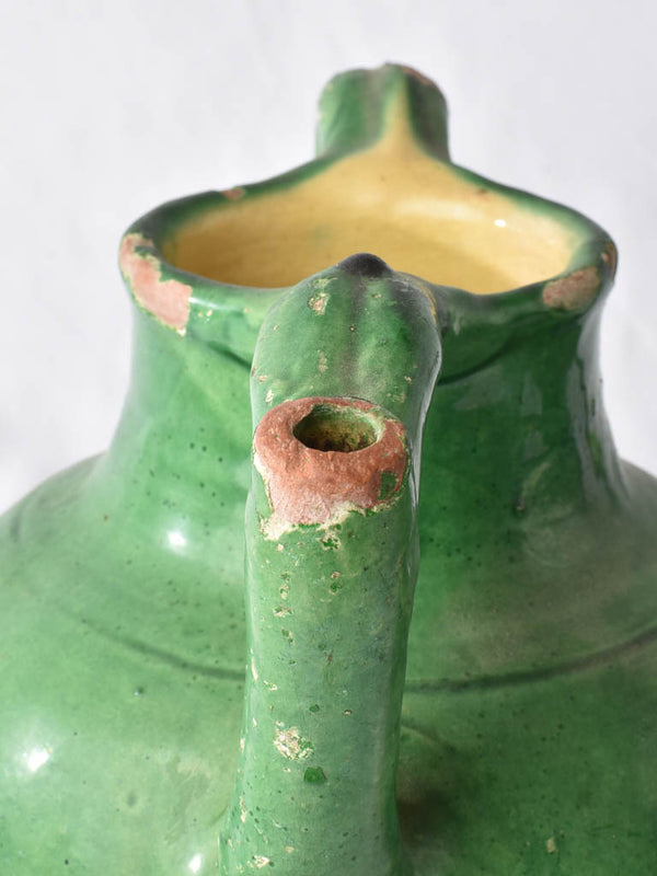 2 terracotta pitchers / orjols w/ green glaze 9½"