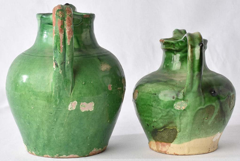 2 terracotta pitchers / orjols w/ green glaze 9½"