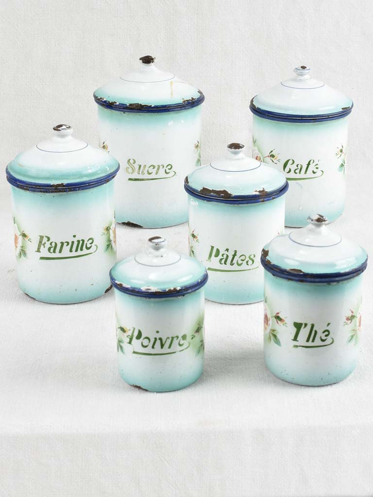 Collection of antique French enamelware spice jars