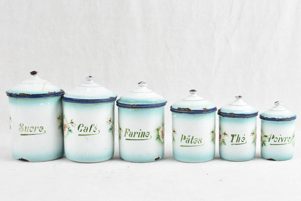 Collection of antique French enamelware spice jars
