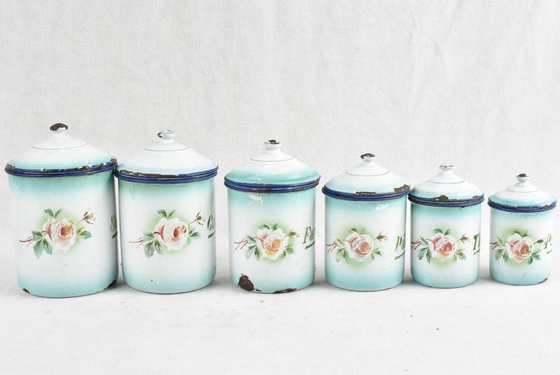 Collection of antique French enamelware spice jars