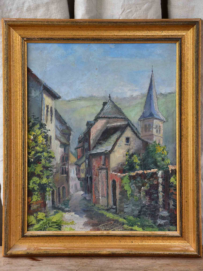 Vintage French painting of a village street 16 ½'' x 19 ¾''