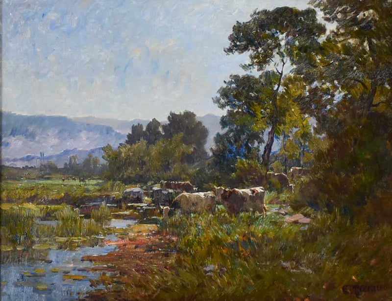Cows in a pasture beside a pond - Clovis Frédérick Terraire (1858-1931) 28¾" x 34¼"