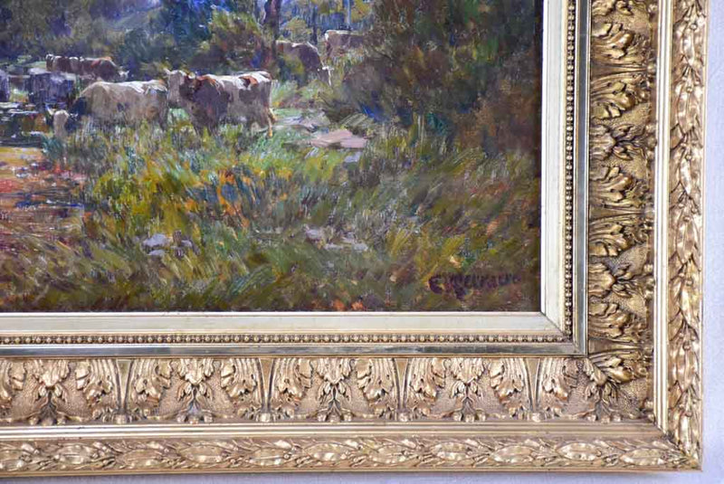 Cows in a pasture beside a pond - Clovis Frédérick Terraire (1858-1931) 28¾" x 34¼"