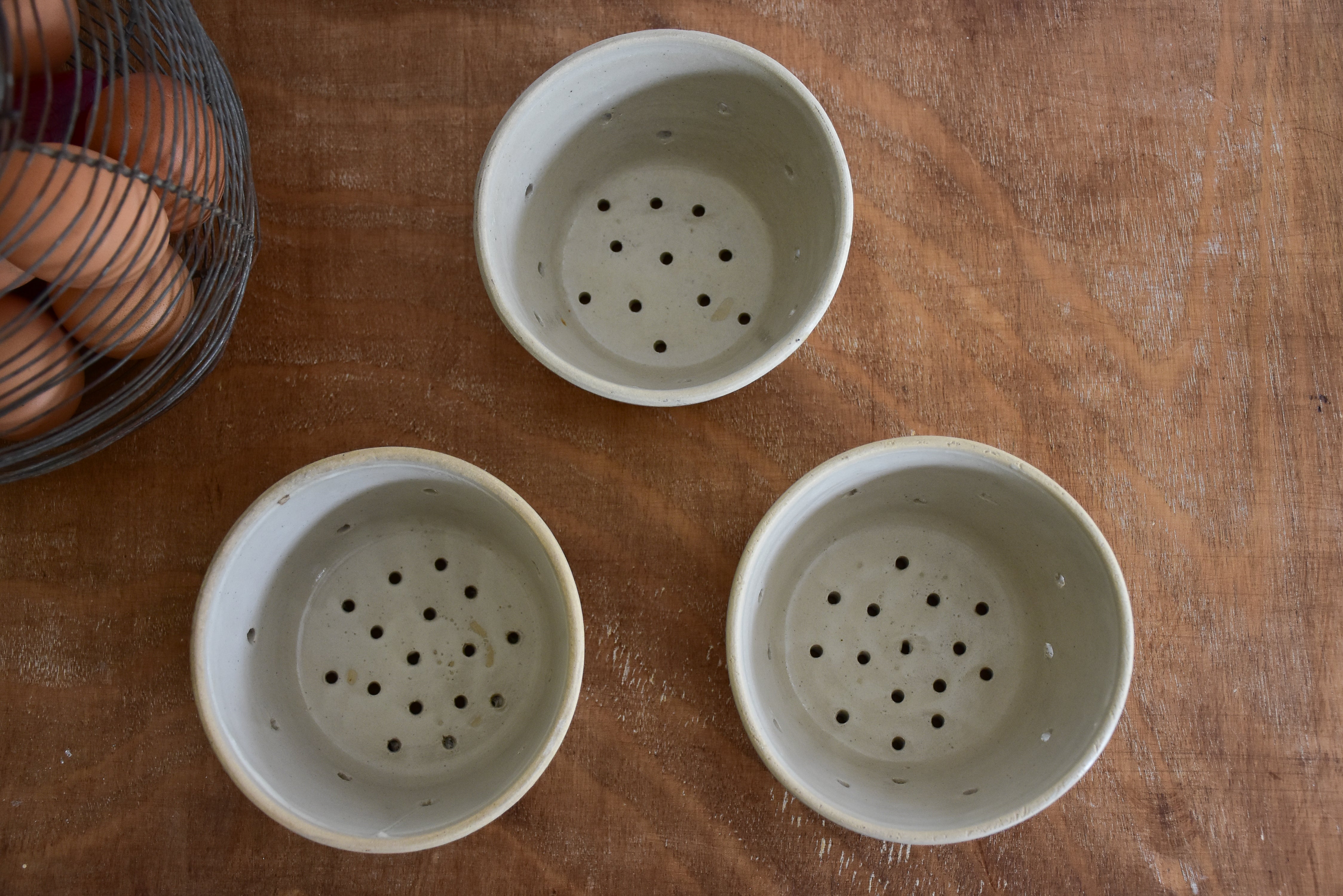 Collection of three French cheese moulds or faisselle