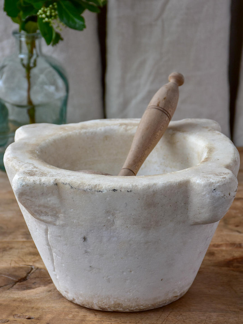 Antique French white marble mortar with wooden pestle