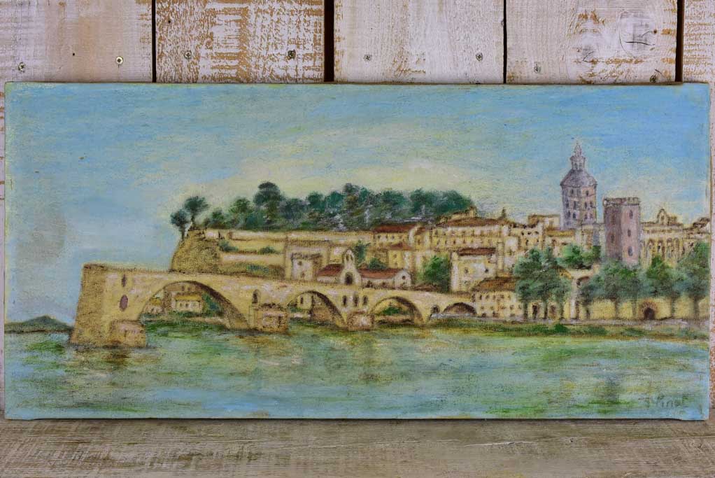 Mid-century painting of the Pont d'Avignon 15" x  30¾"