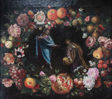 Superb large Louis XIV painting from the 17th century with floral wreath 35½" x 39¾"