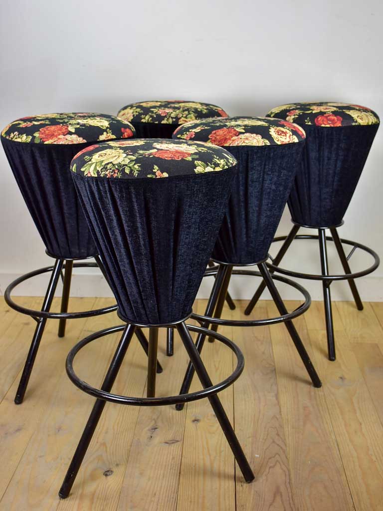 Set of five vintage Italian barstools with black floral upholstery