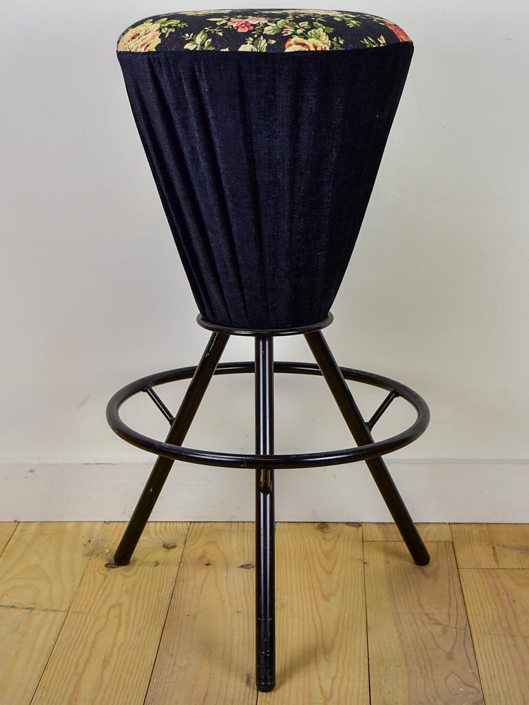 Set of five vintage Italian barstools with black floral upholstery