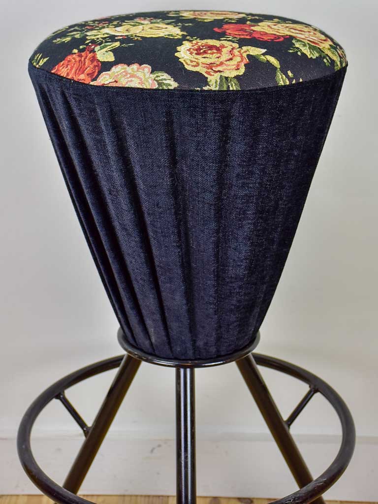 Set of five vintage Italian barstools with black floral upholstery
