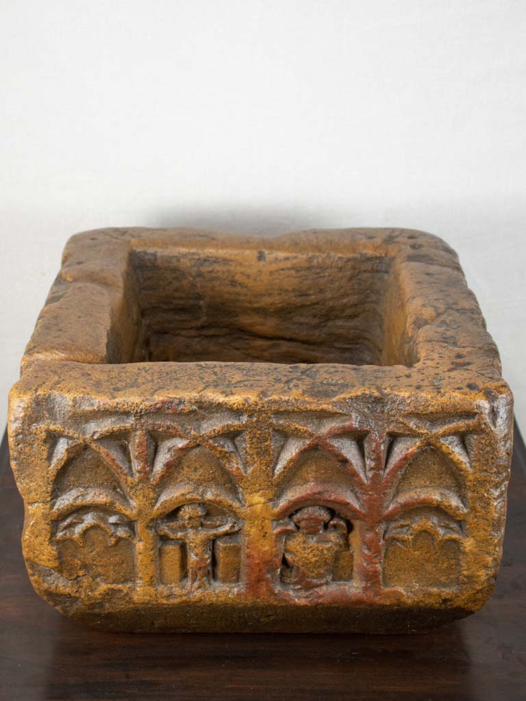 12th-century baptismal font with religious ornamentation 17¼"