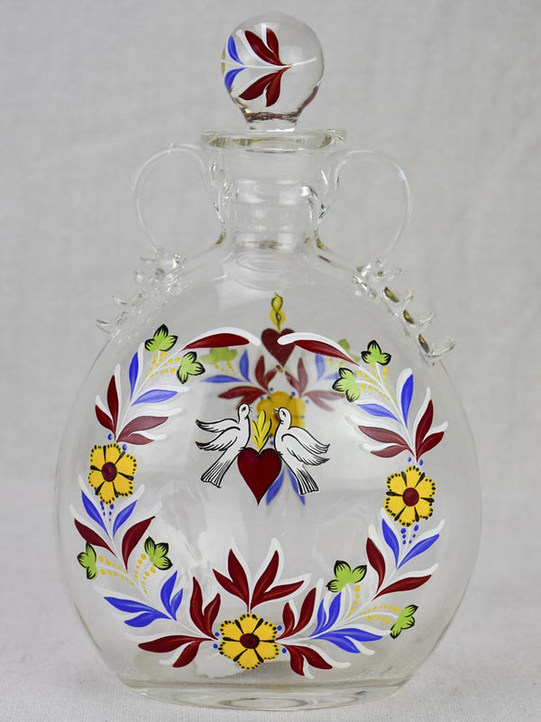 Romantic handpainted glass marriage flask with stopper - doves 9"