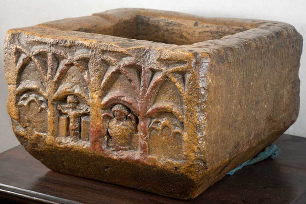 12th-century baptismal font with religious ornamentation 17¼"