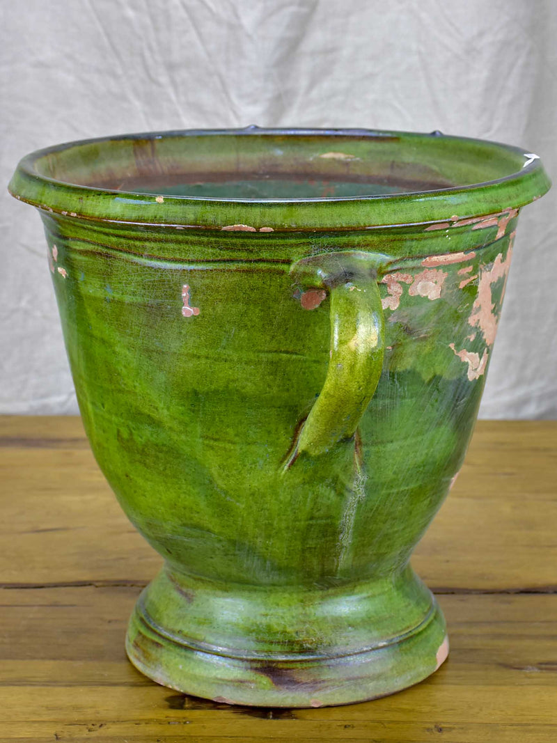 Antique French garden planter with green glaze and handles