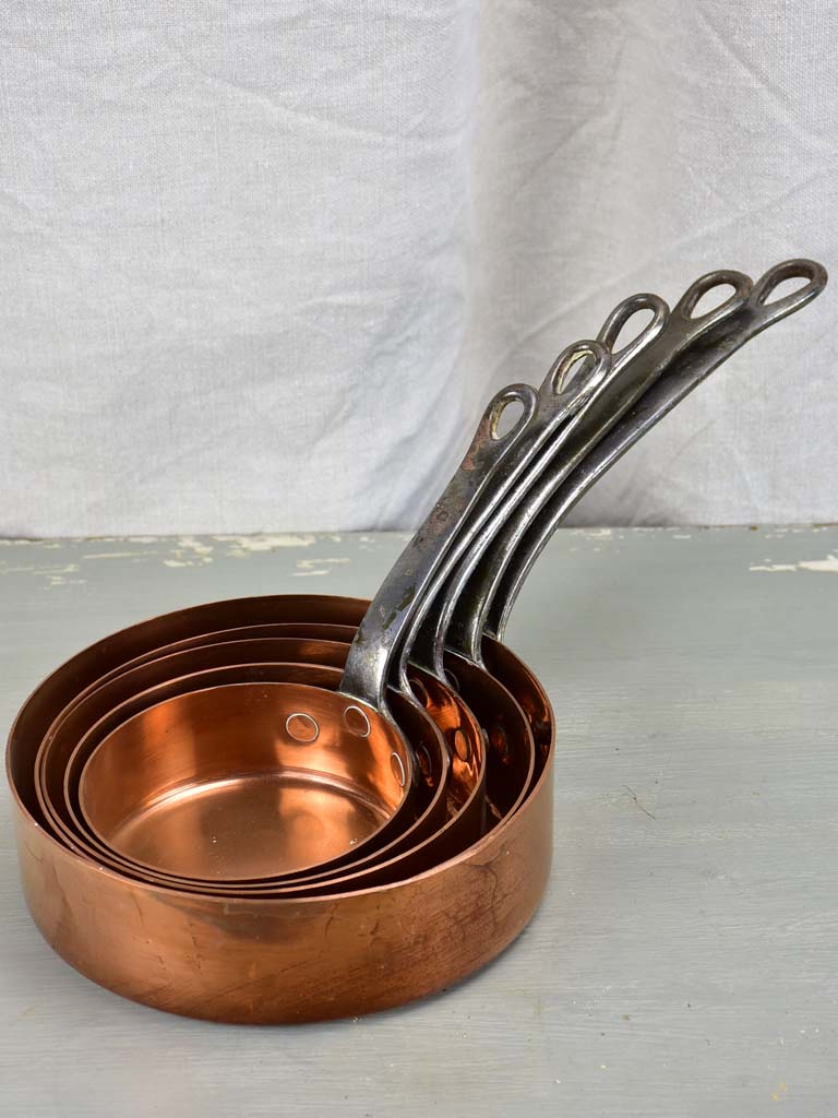 Collection of 5 antique French copper saucepans