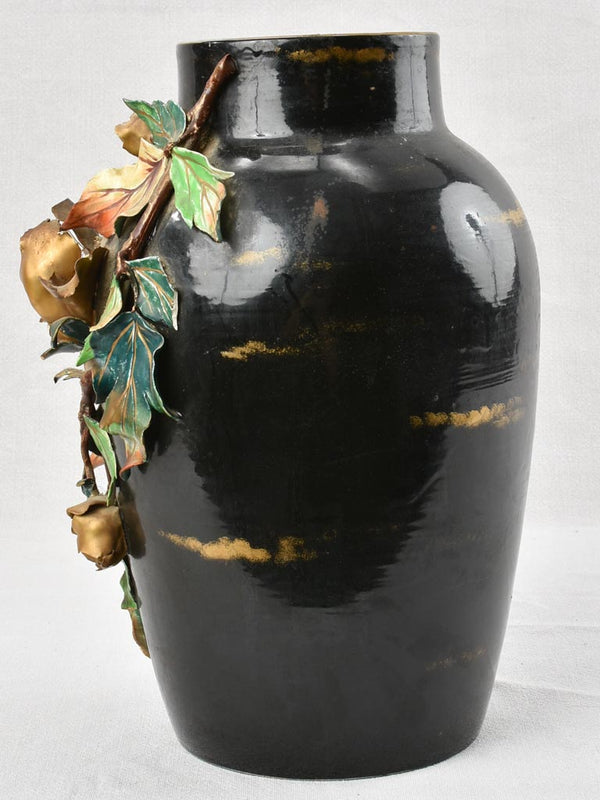 Striking Black Gold-Magnolia Decorated Vase