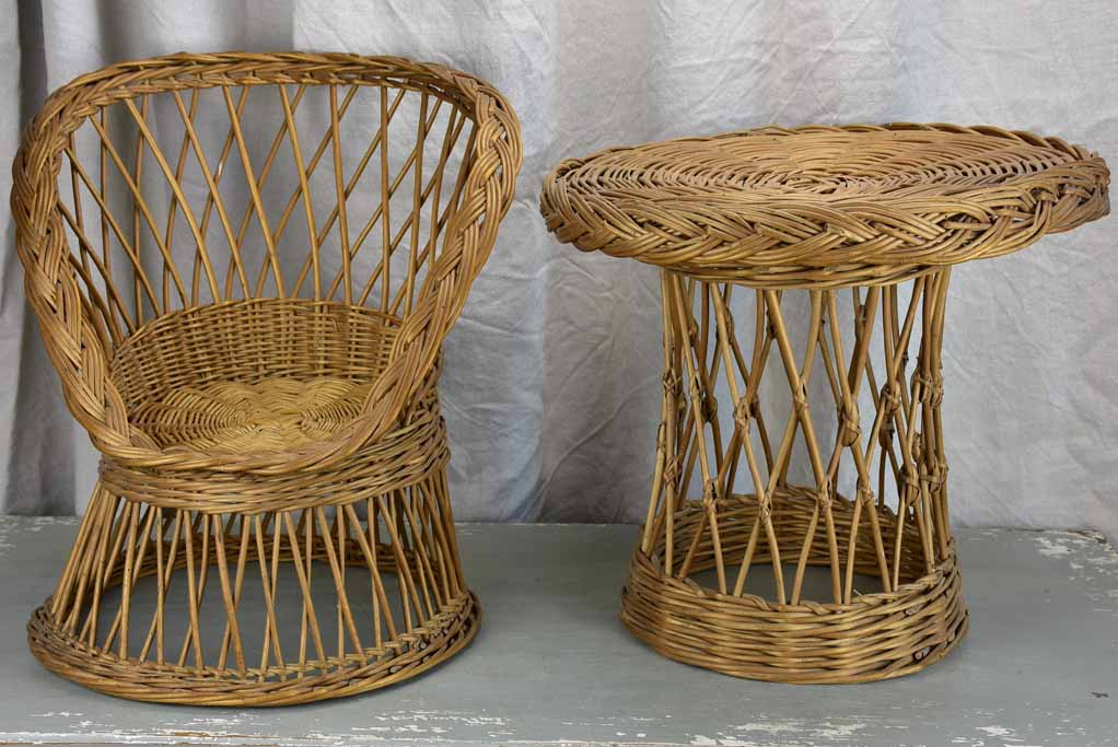 Mid-century children's wicker armchair and table