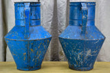 Pair of rustic blue agricultural vessels 20"