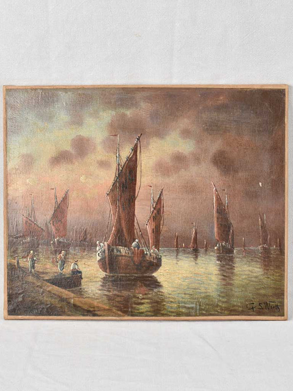 19th century seascape painting - sail boats in the port