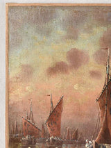 Rustic sailing boats harbor depiction