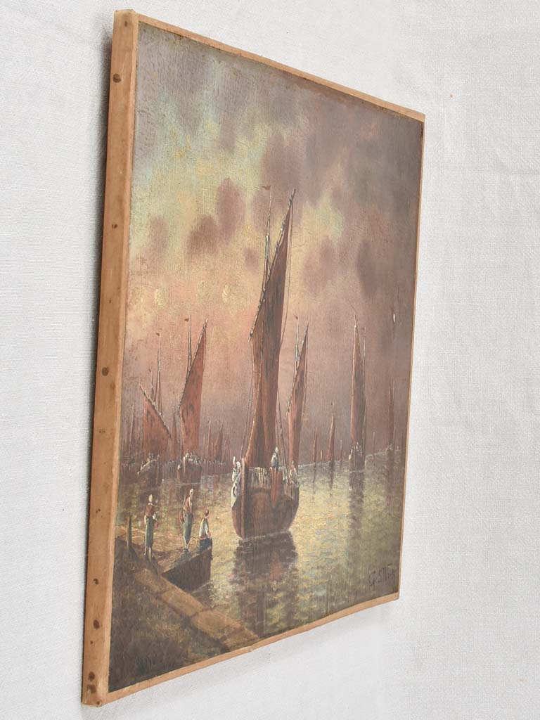 Nineteenth-century harbor nautical oil painting